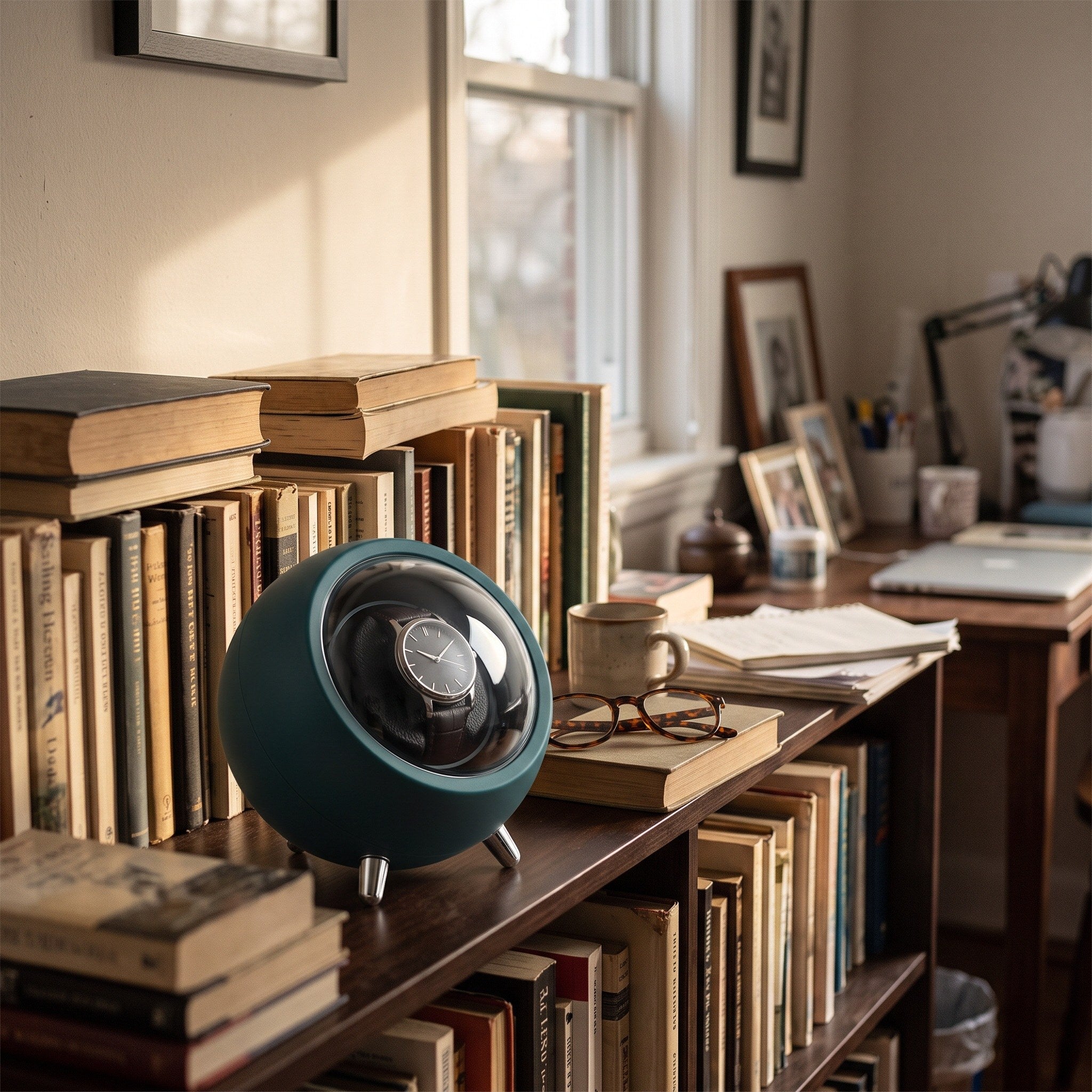 Green watch winder on a study shelf