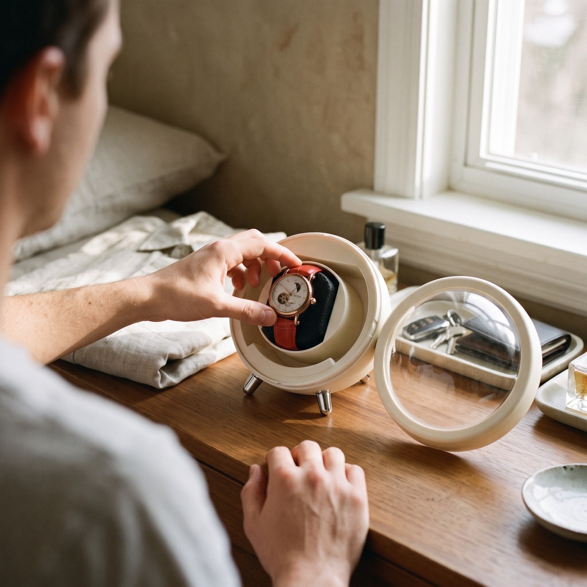 Hand choosing a watch beside an Cream winder
