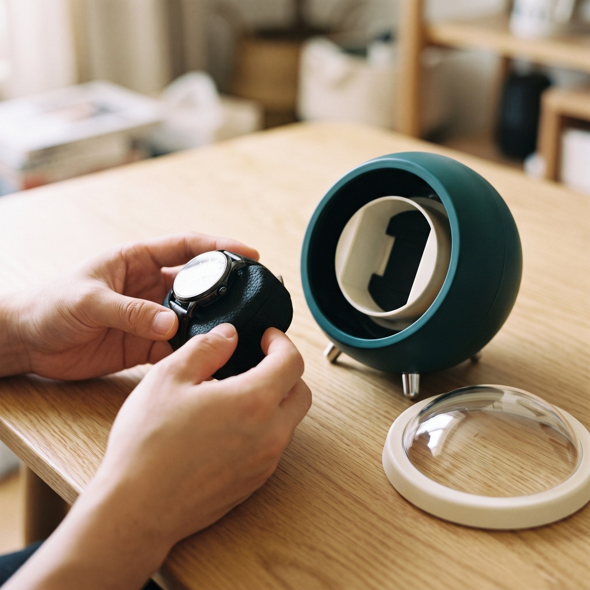 Hands holding a watch cushion beside the Green winder