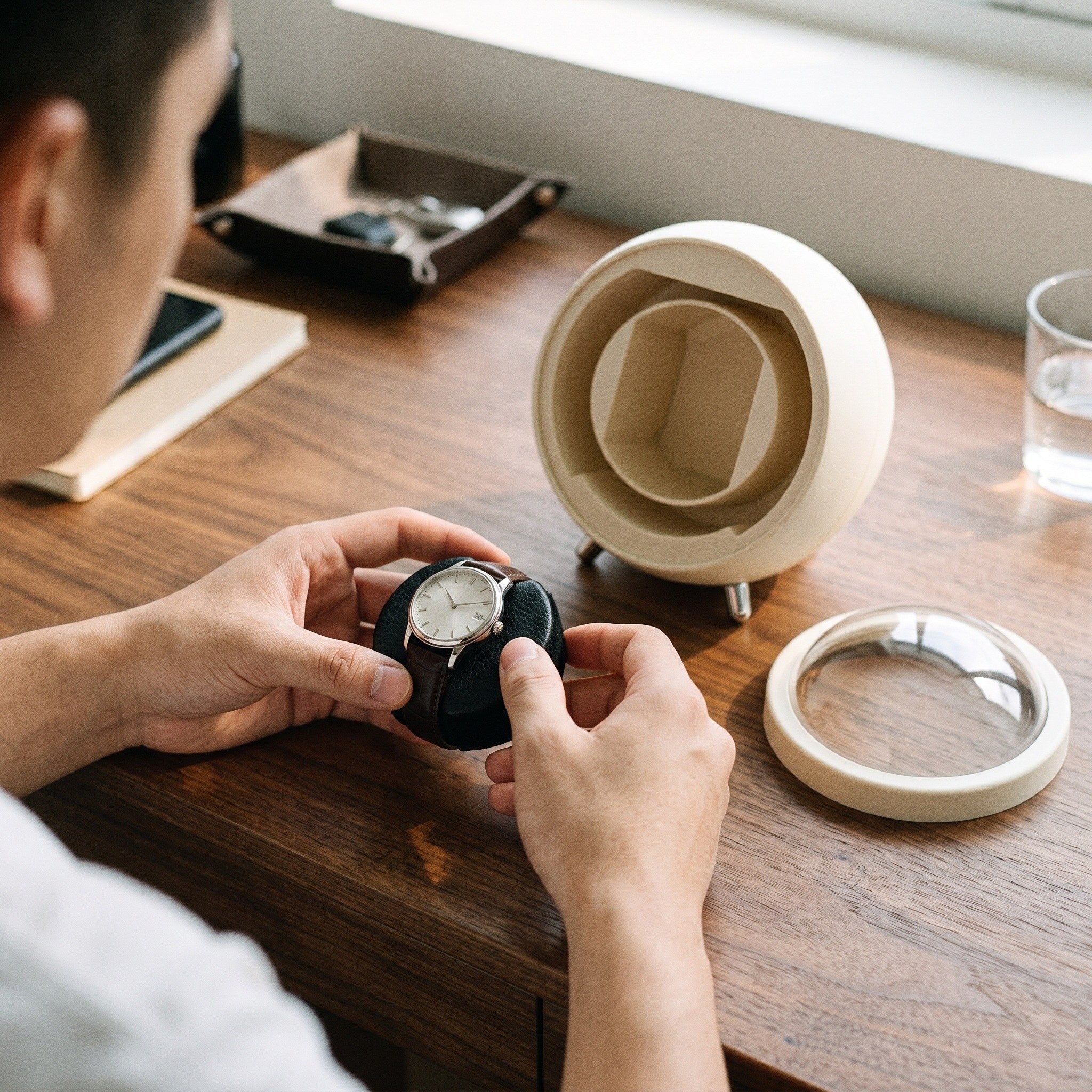 Hands securing a watch around its cushion