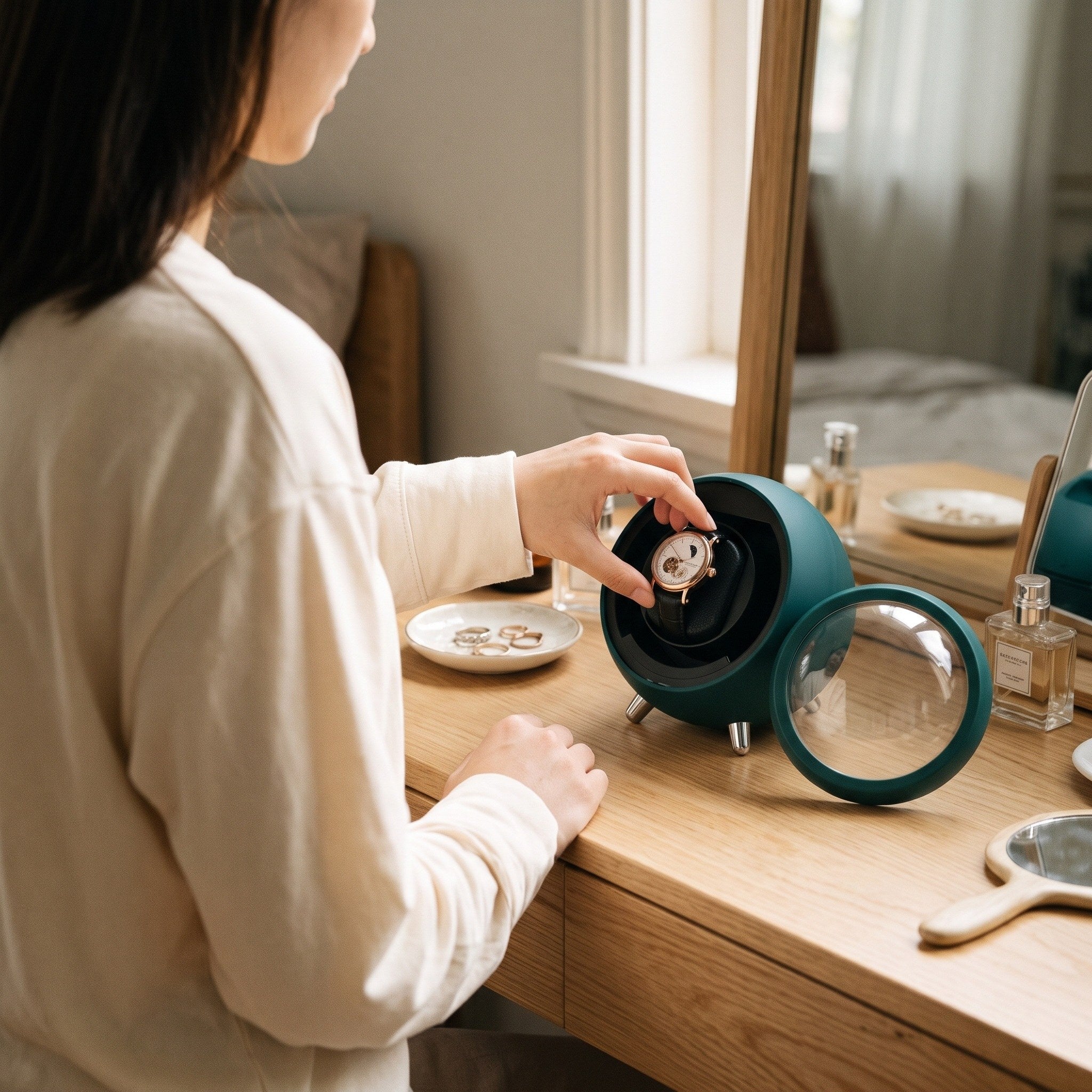 Woman choosing a watch beside a Green winder