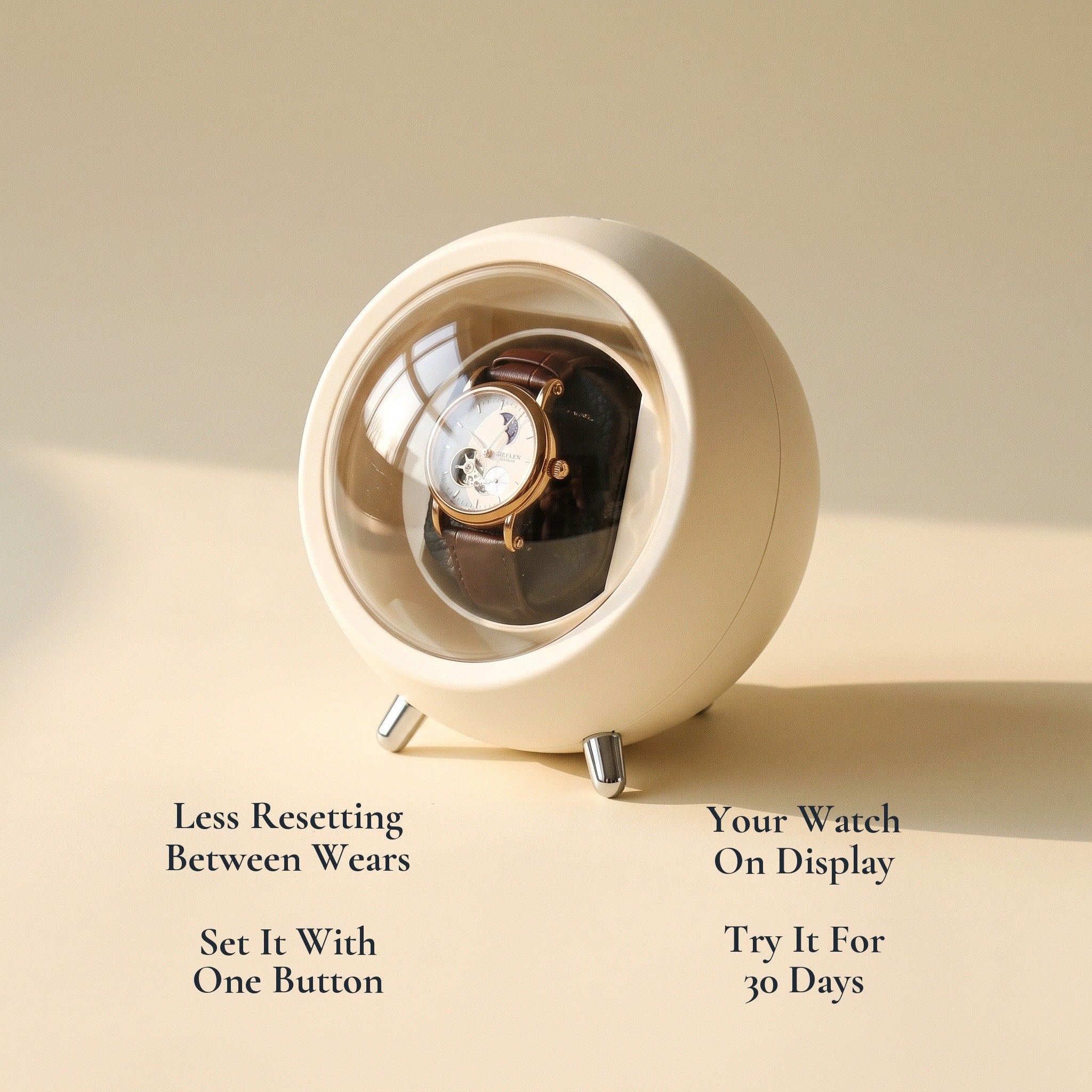 Cream watch winder with benefit callouts