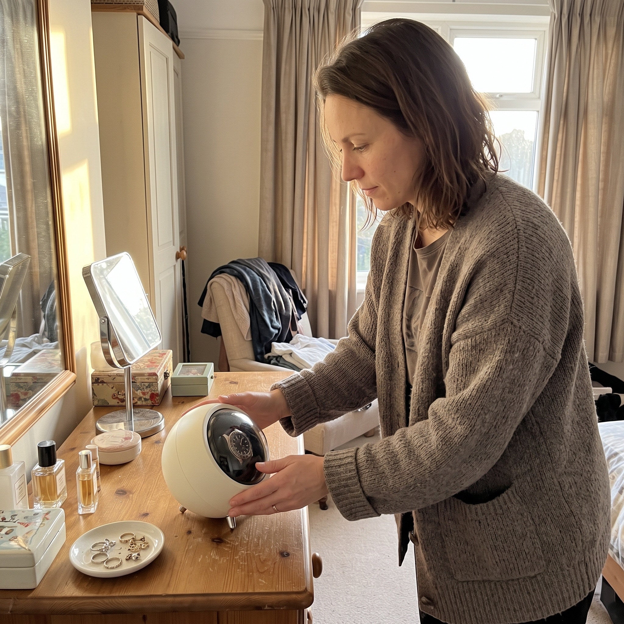 Emma placing an Cream winder on her dresser