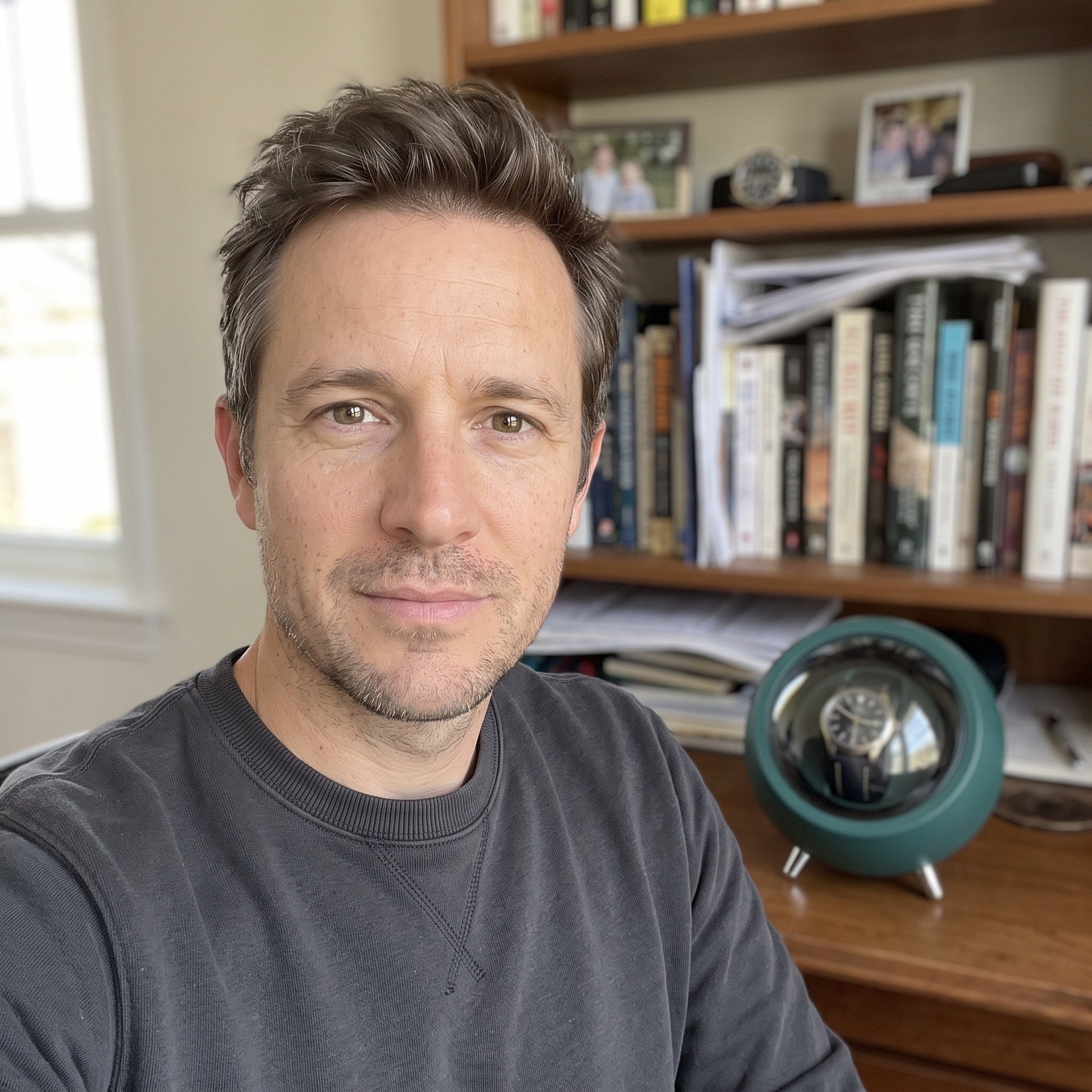 James taking a study selfie beside a Green winder