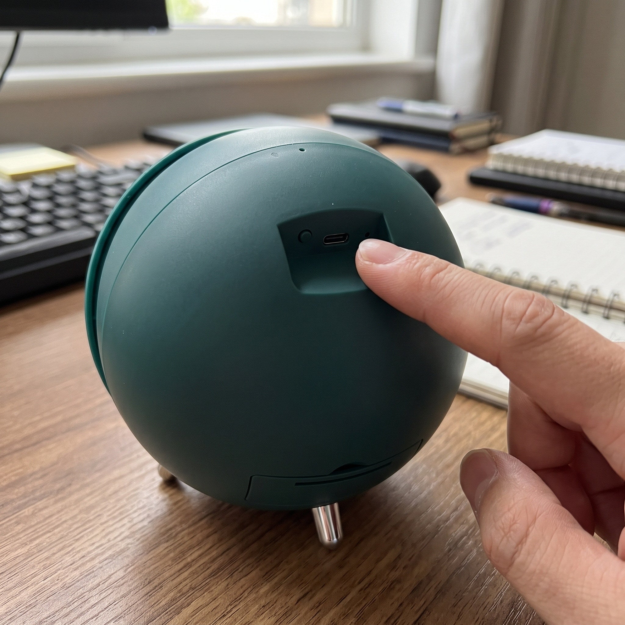 Finger touching the rear button of a Green winder