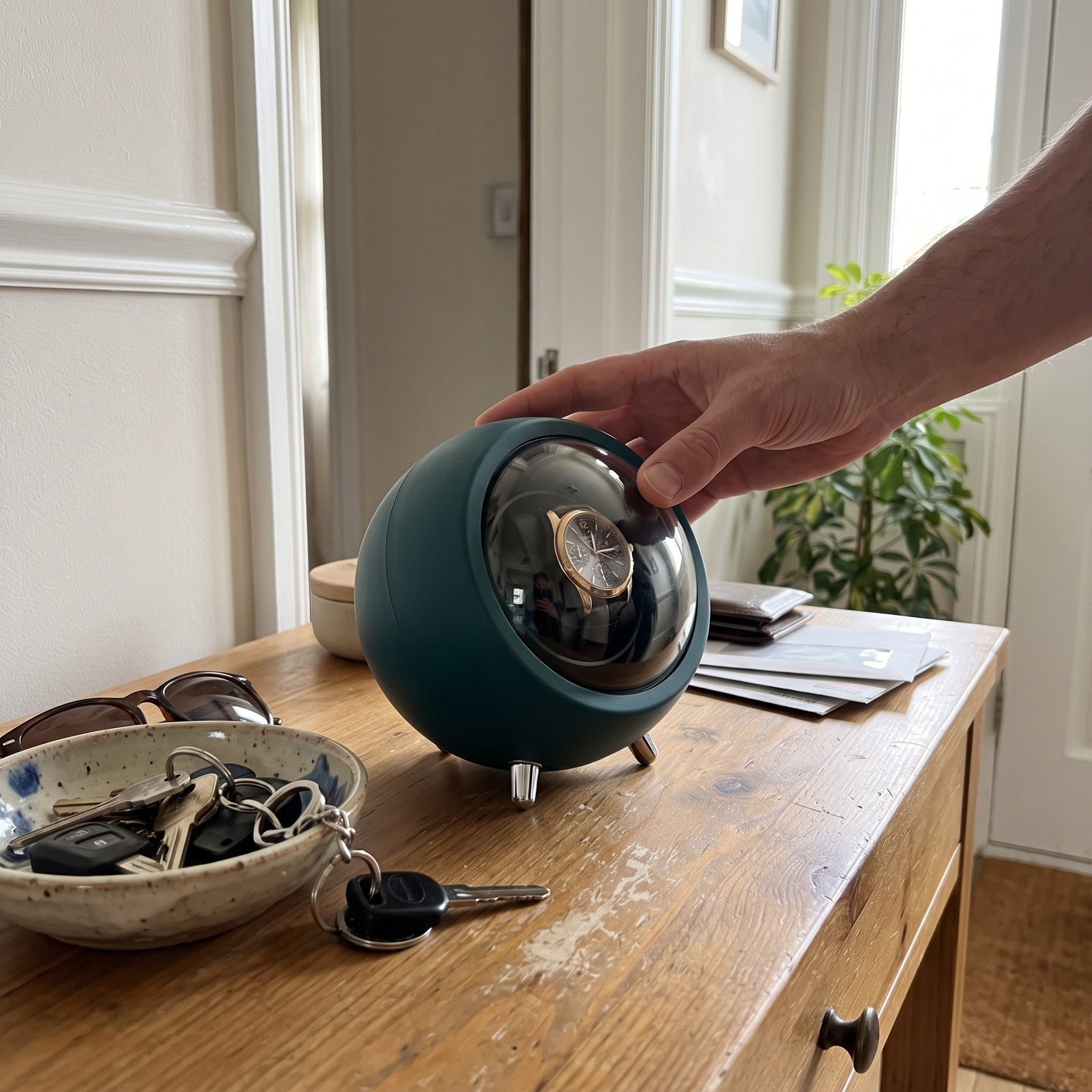 Hand turning a closed Green winder on a hallway console