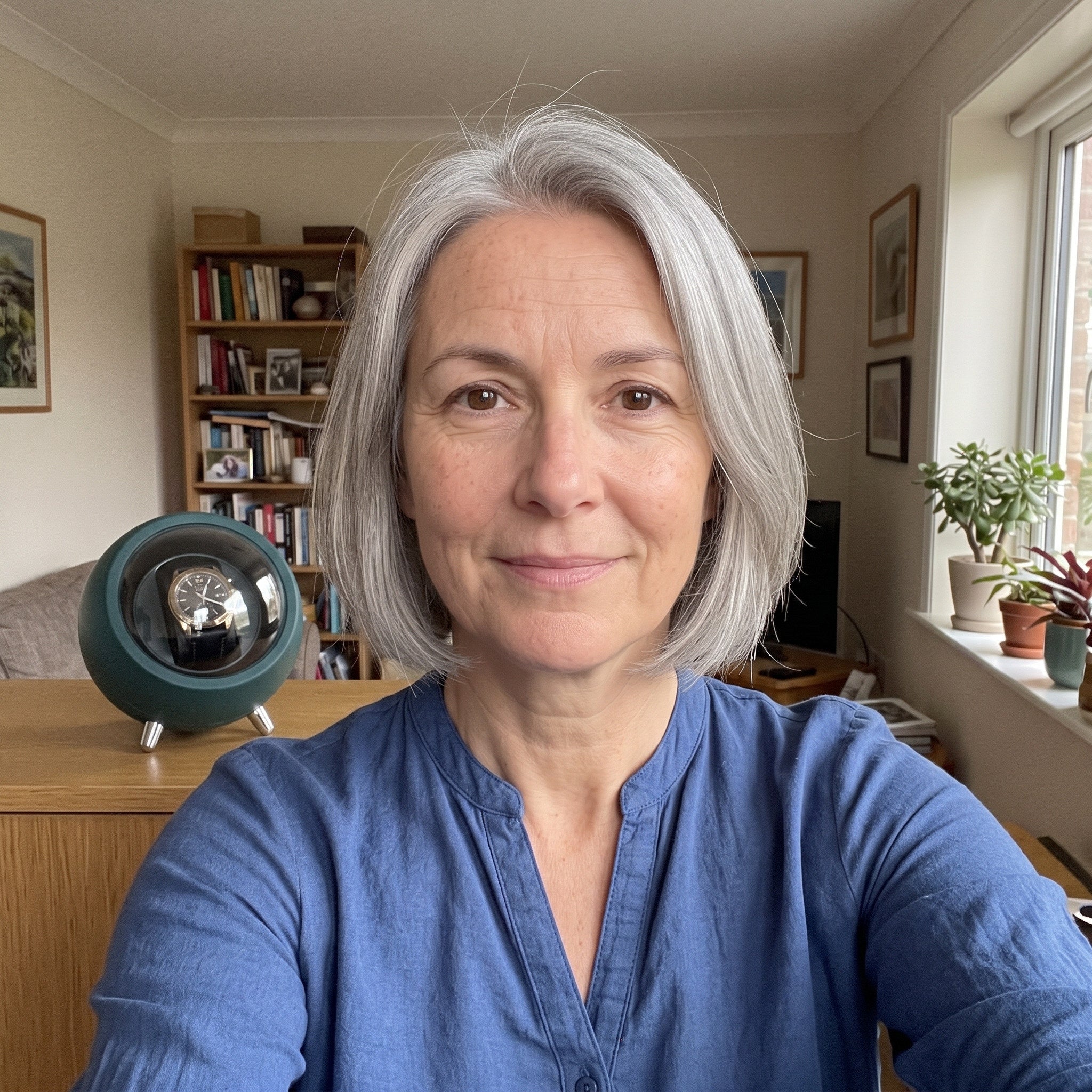 Nina taking a sitting-room selfie beside a Green winder