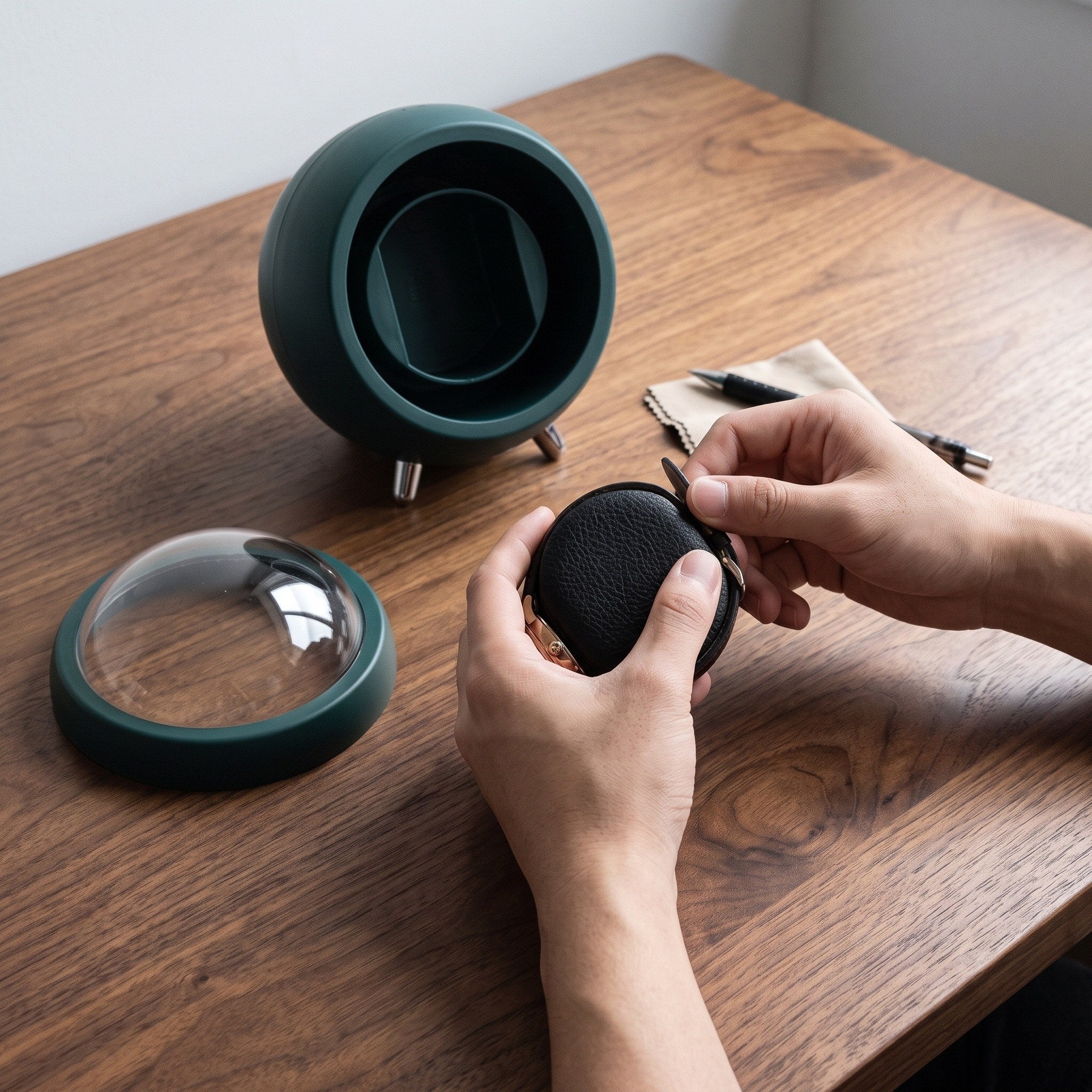 Hands fitting a watch cushion beside a Green winder