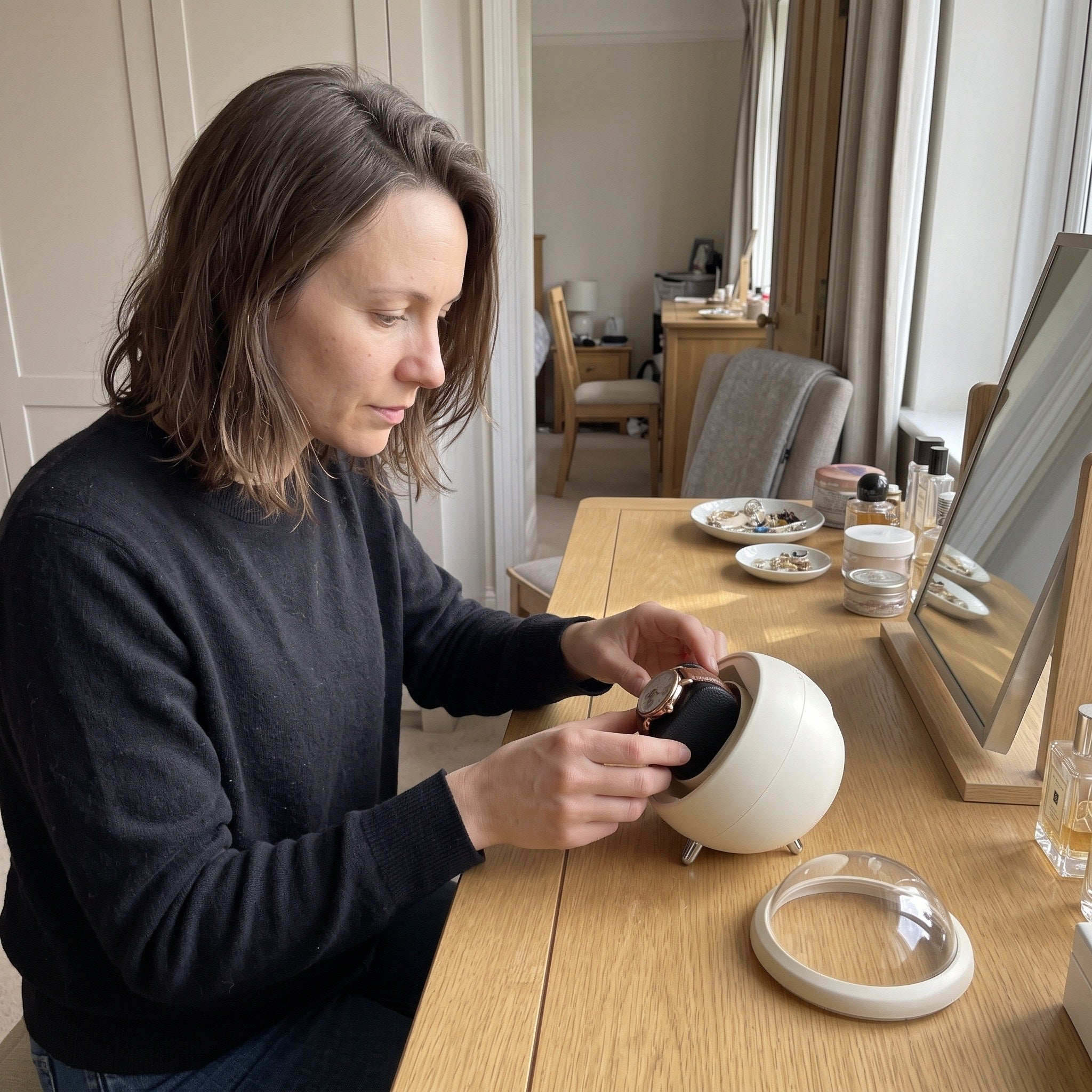 Emma choosing a watch at her dressing table