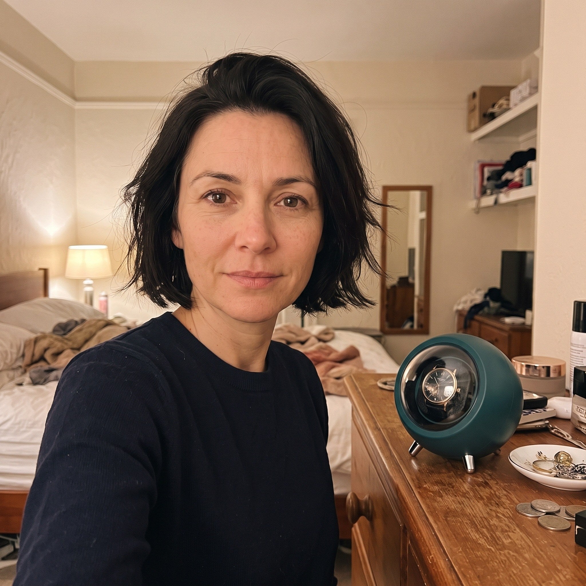 Sophie taking a bedroom selfie beside a Green winder