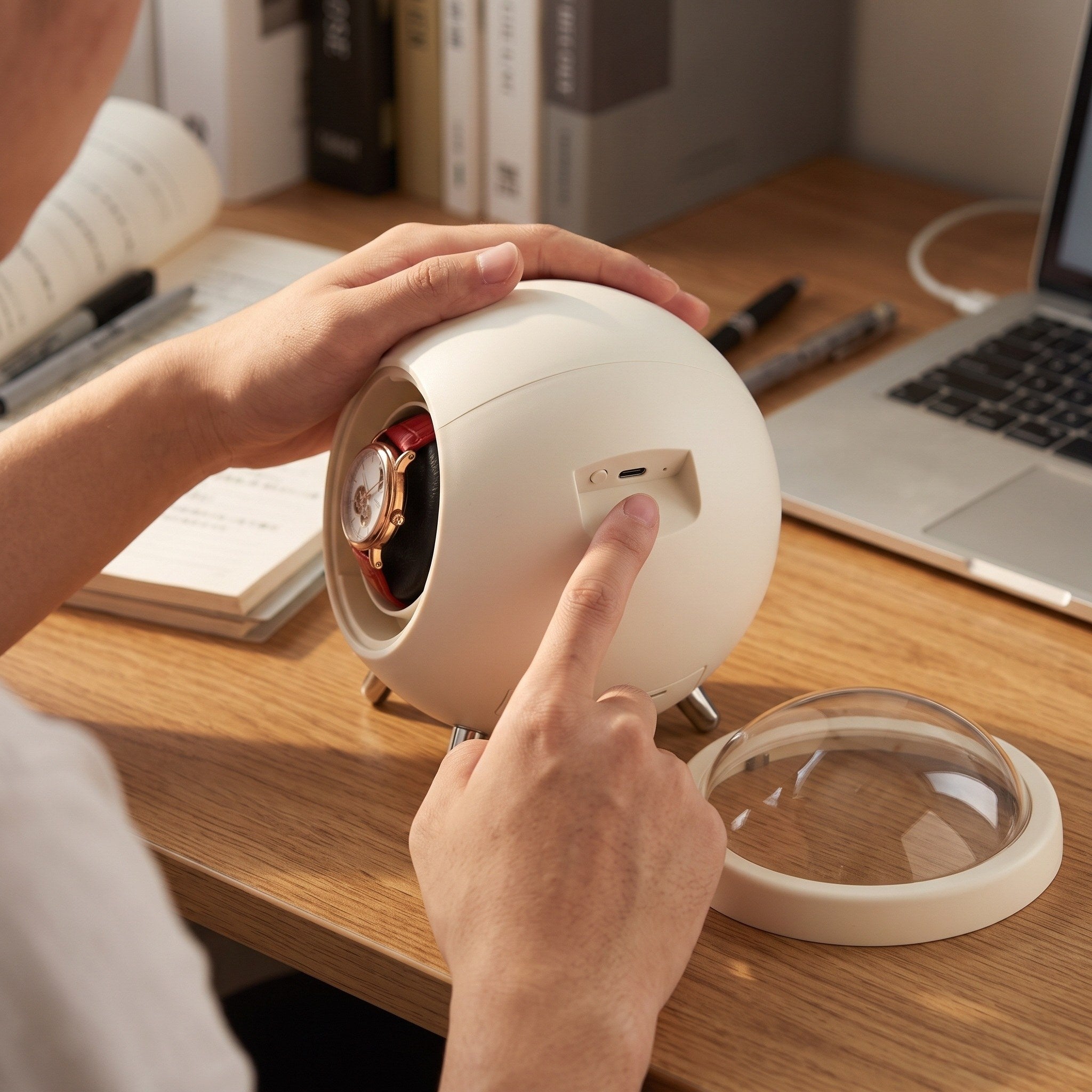 Finger pressing the rear button on an Cream winder